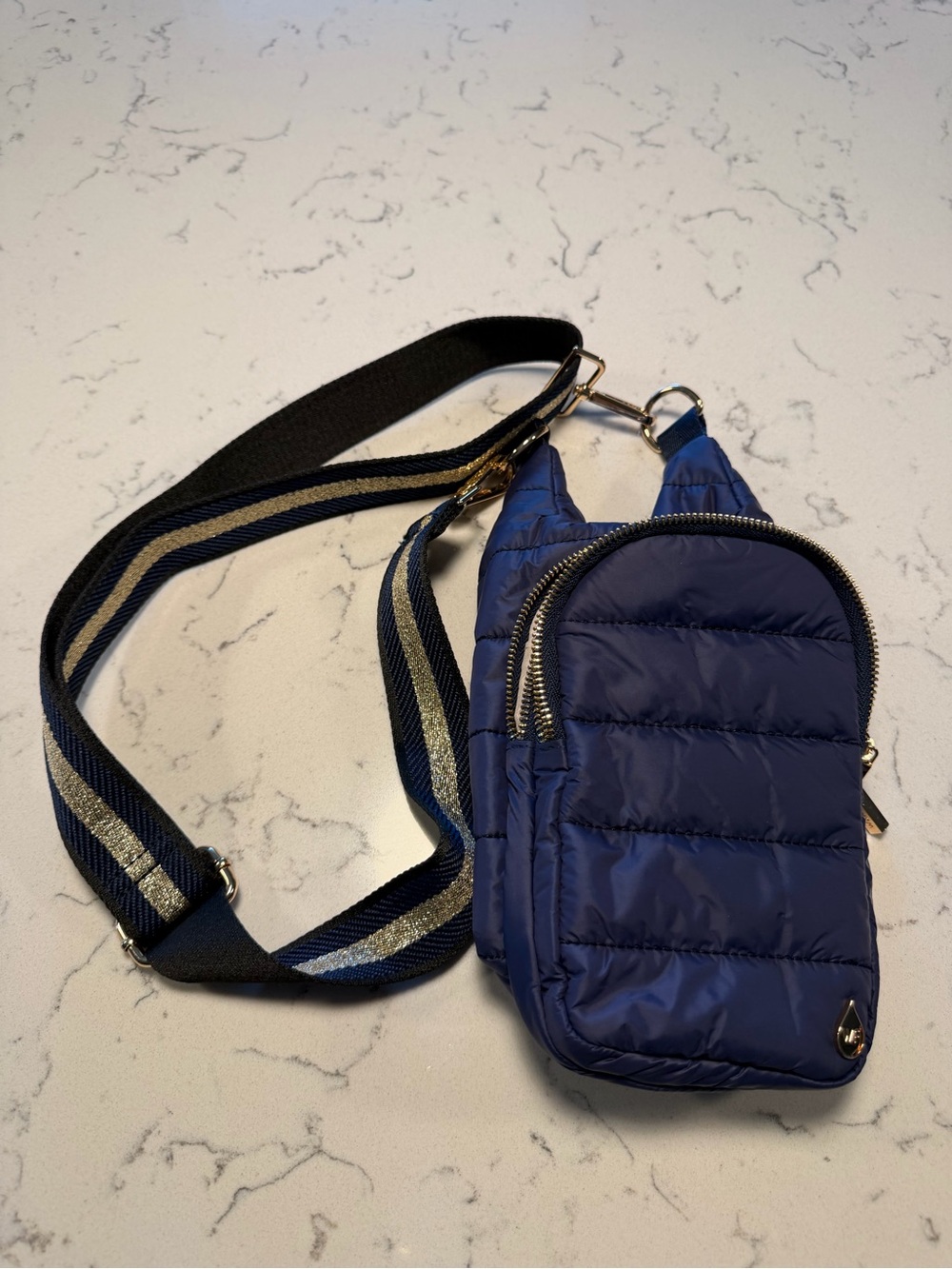Wander Navy Quilted Sling Bag with Place for Water Bottle Striped Strap